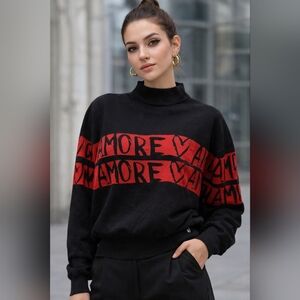 Desigual/ Black and Red Graphic Long Sleeved Sweater/ Amore/ Cowl Neck/Size US L